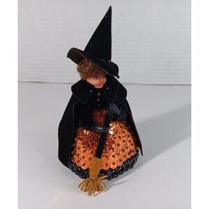 Vtg Handmade Witch Figure Doll Sequin Velvet Halloween Holiday Decoration Decor